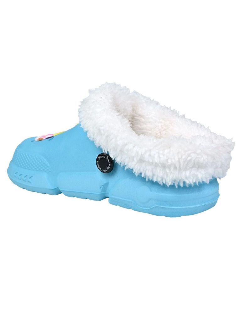 Charming Winter Fur Lined Clogs with Snowman & Christmas Charms for Girls- Blue - Back View
