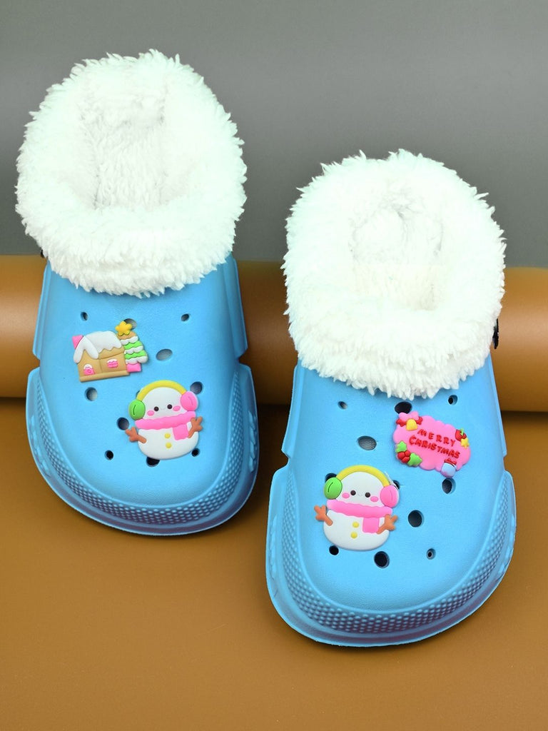 Charming Winter Fur Lined Clogs with Snowman & Christmas Charms for Girls- Blue - Creative View