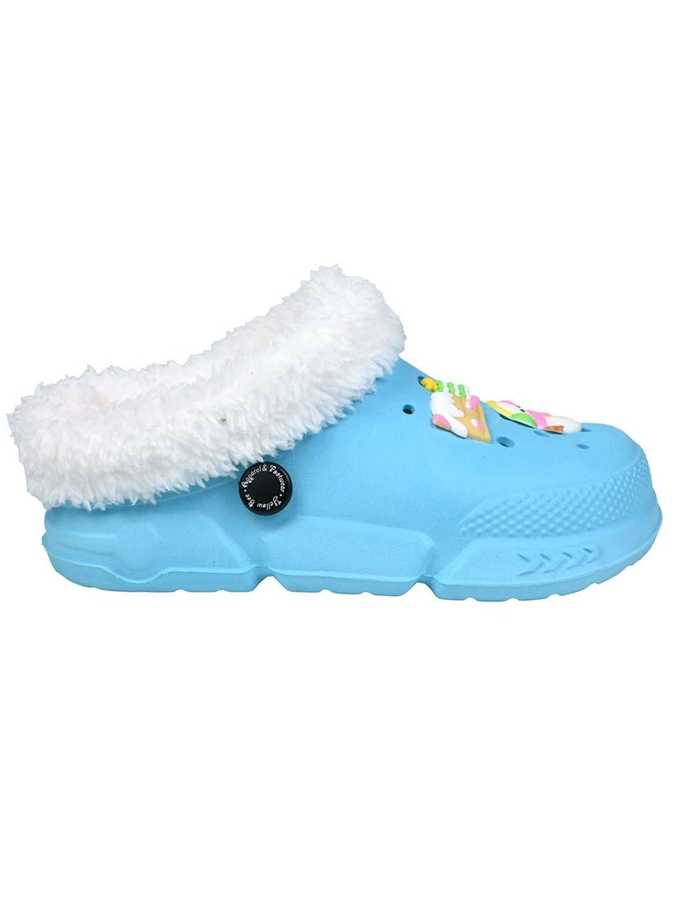 Charming Winter Fur Lined Clogs with Snowman & Christmas Charms for Girls- Blue - Side View