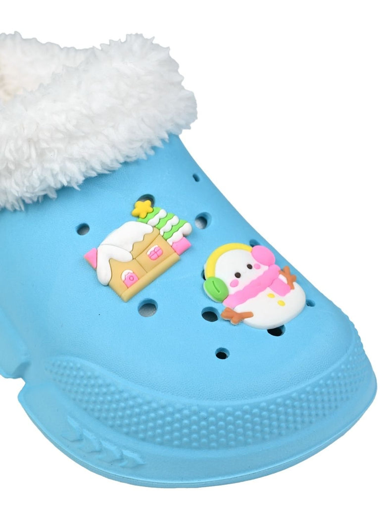 Charming Winter Fur Lined Clogs with Snowman & Christmas Charms for Girls- Blue - Close Up View