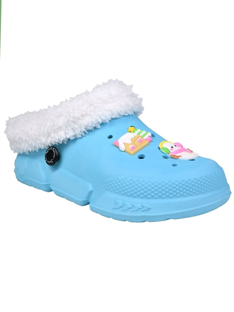 Charming Winter Fur Lined Clogs with Snowman & Christmas Charms for Girls- Blue - Angle View