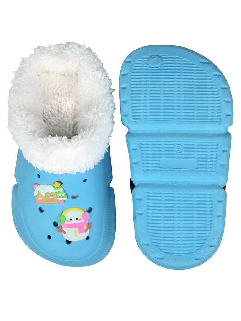 Charming Winter Fur Lined Clogs with Snowman & Christmas Charms for Girls- Blue - Top & Bottom View