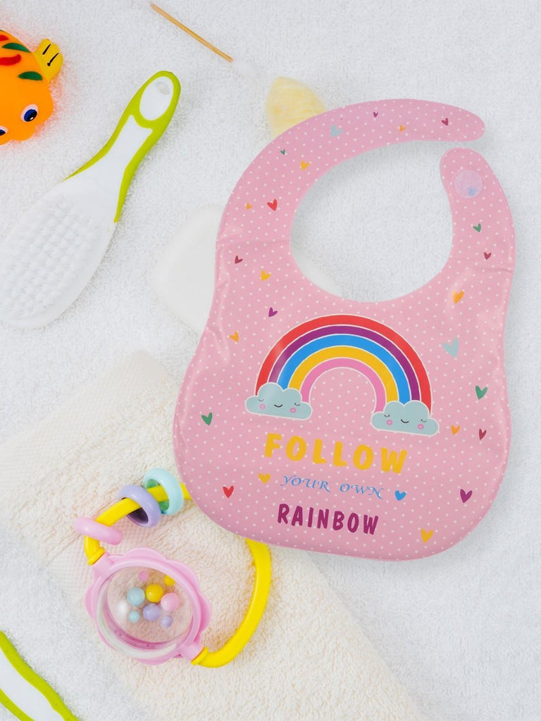 Full view of the Yellow Bee Chase Your Dreams Rainbow-Themed Baby Bib showing the entire bib with the rainbow design.