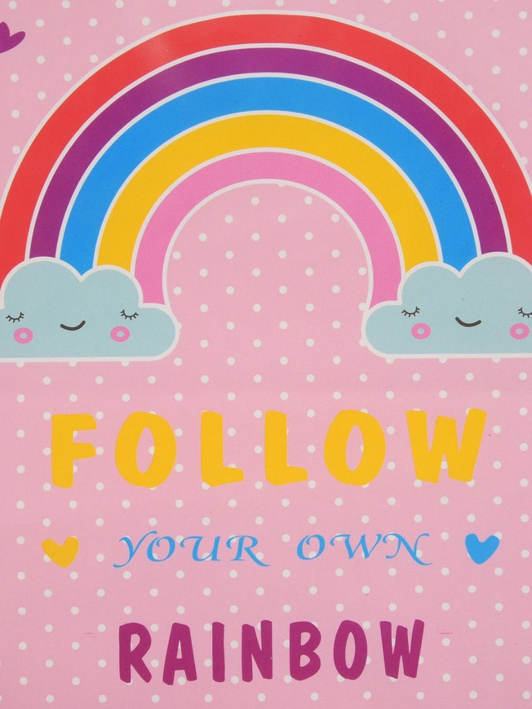 Close-up of the rainbow design on the Yellow Bee Chase Your Dreams Rainbow-Themed Baby Bib.