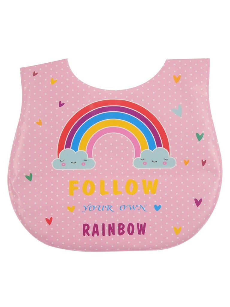 Top view of the Yellow Bee Chase Your Dreams Rainbow-Themed Baby Bib displaying the colorful rainbow print.