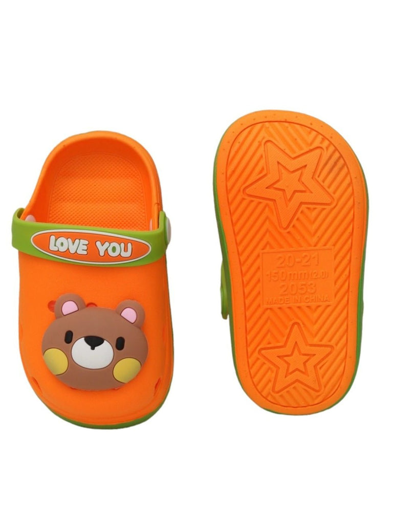 Front and back view of the teddy bear-themed clogs, showing both the appealing design and the practical features.