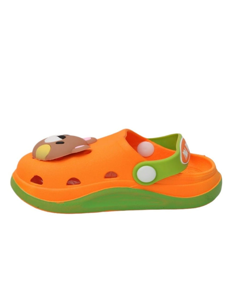 Side view of the orange clogs, displaying the teddy bear design and the secure slingback strap.