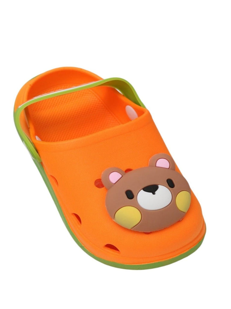 Side angle view of the vibrant orange teddy bear-themed clogs for boys showing the overall design.