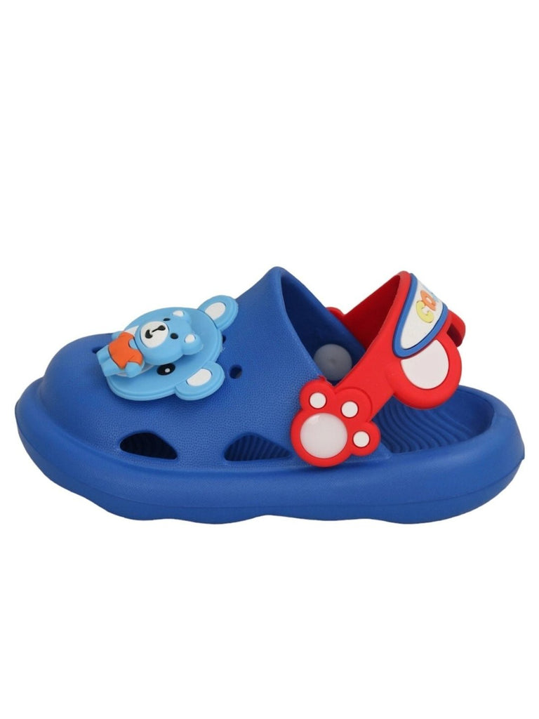 Side view of Cheerful Blue Bear Clogs for Boys by Yellow Bee