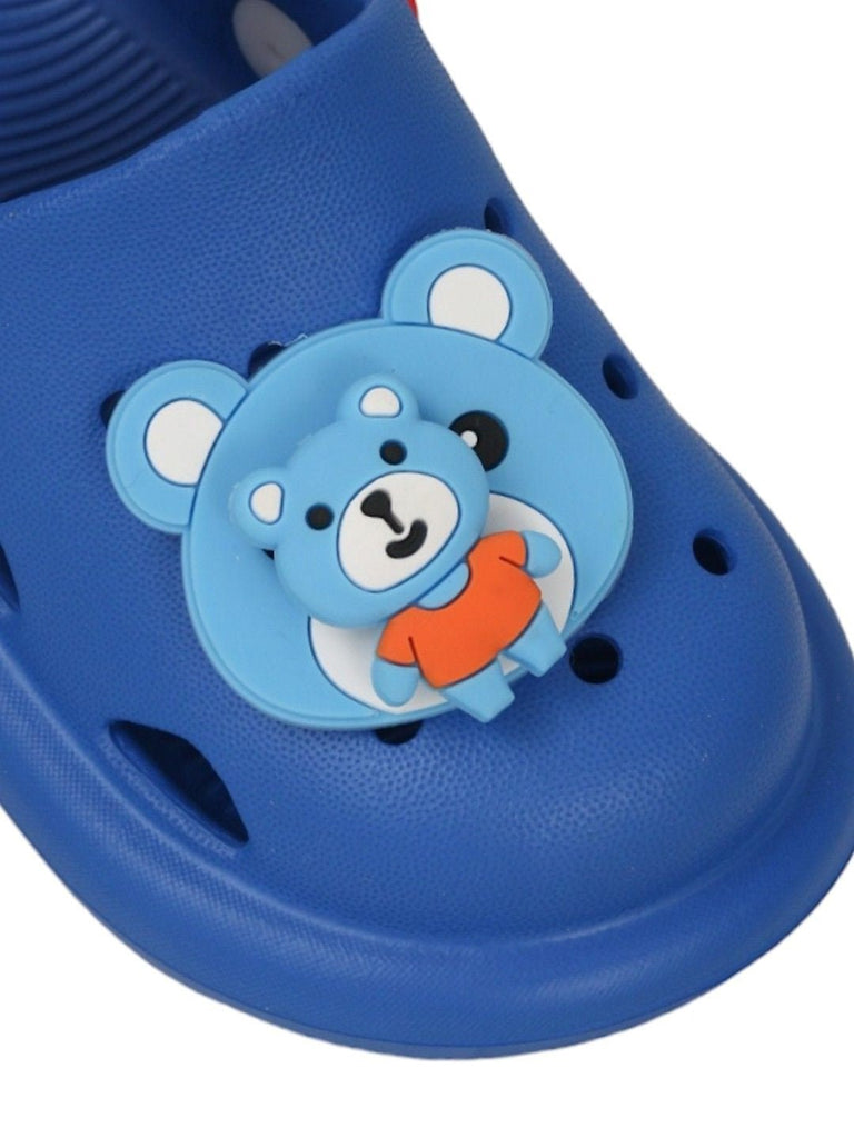 Close-up details of Cheerful Blue Bear Clogs for Boys by Yellow Bee