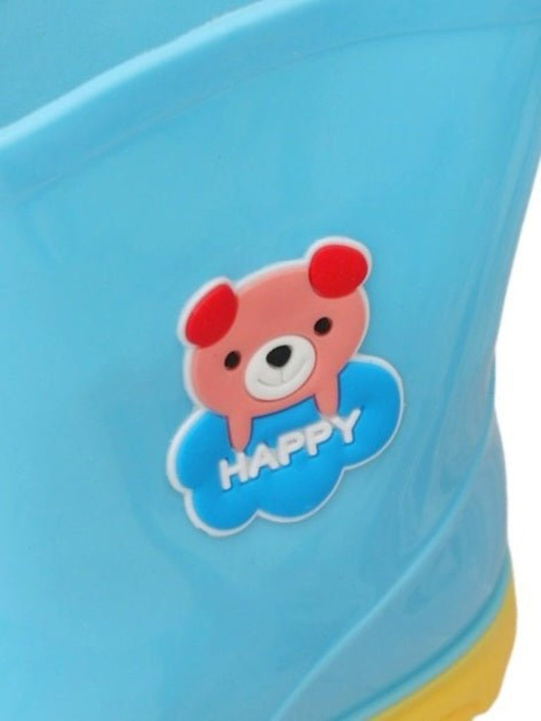 oomed view of Cheerful Blue Bear Themed Rain Boots for Boys focusing on the bear face and "HAPPY" badge detail.