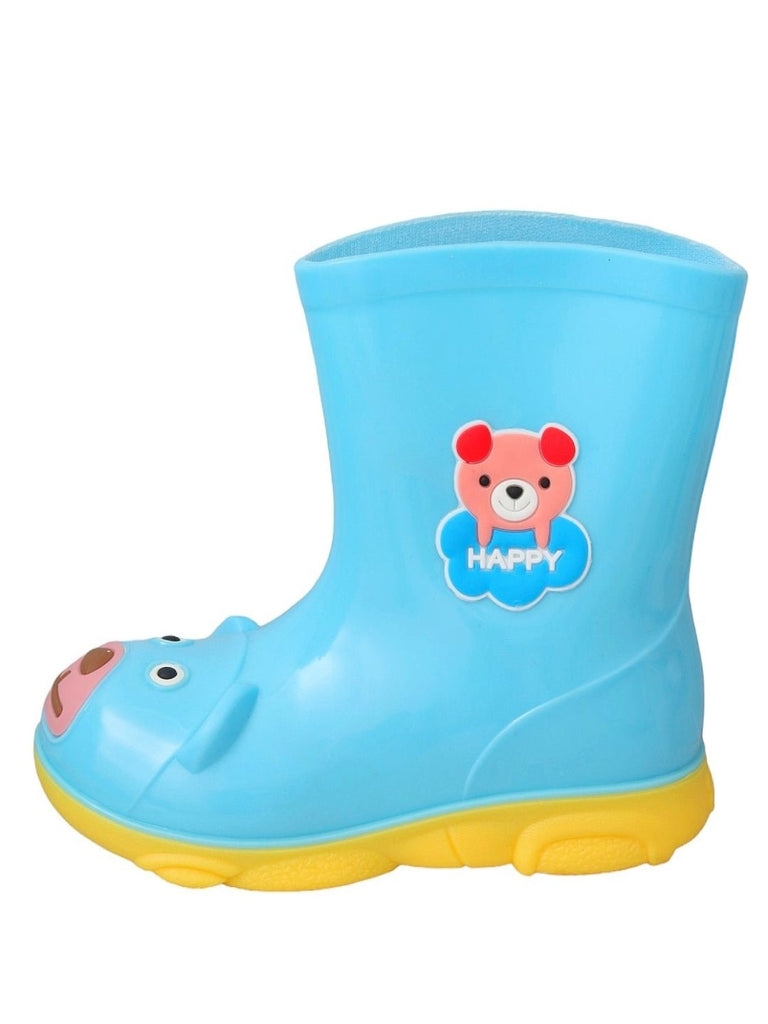 Side view of Cheerful Blue Bear Themed Rain Boots for Boys showcasing the side profile and sole design.