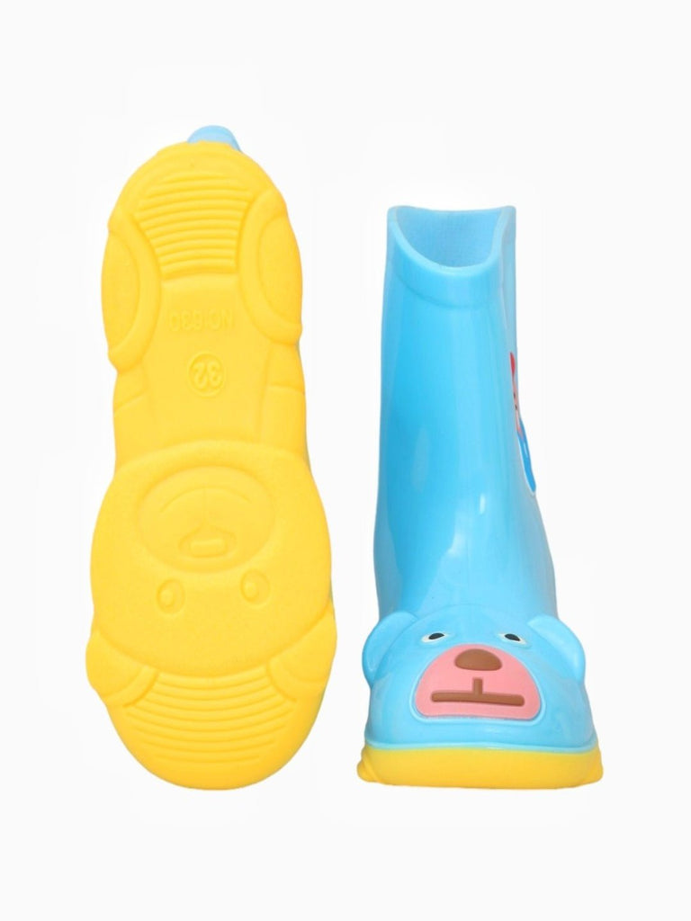 Front and back view of Cheerful Blue Bear Themed Rain Boots for Boys showing design consistency.