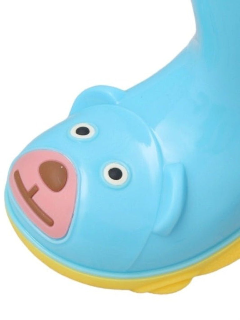 Close-up view of the bear design on Cheerful Blue Bear Themed Rain Boots for Boys.