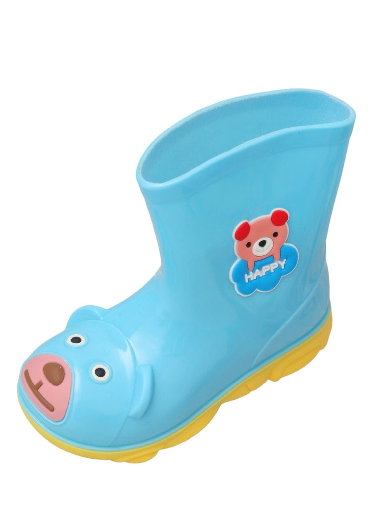 Angle view of Cheerful Blue Bear Themed Rain Boots for Boys.