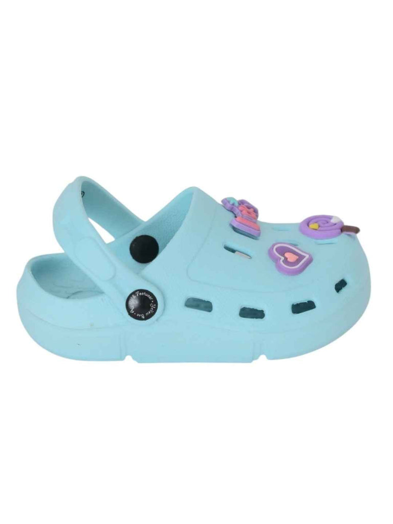 Cheerful Blue Clogs with Candy, Lucky & Heart Charms for Girls-Side View