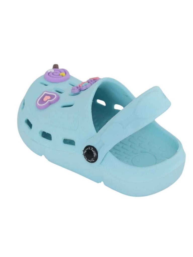 Cheerful Blue Clogs with Candy, Lucky & Heart Charms for Girls-Back View