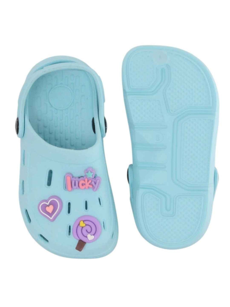 Cheerful Blue Clogs with Candy, Lucky & Heart Charms for Girls-Front & Back View