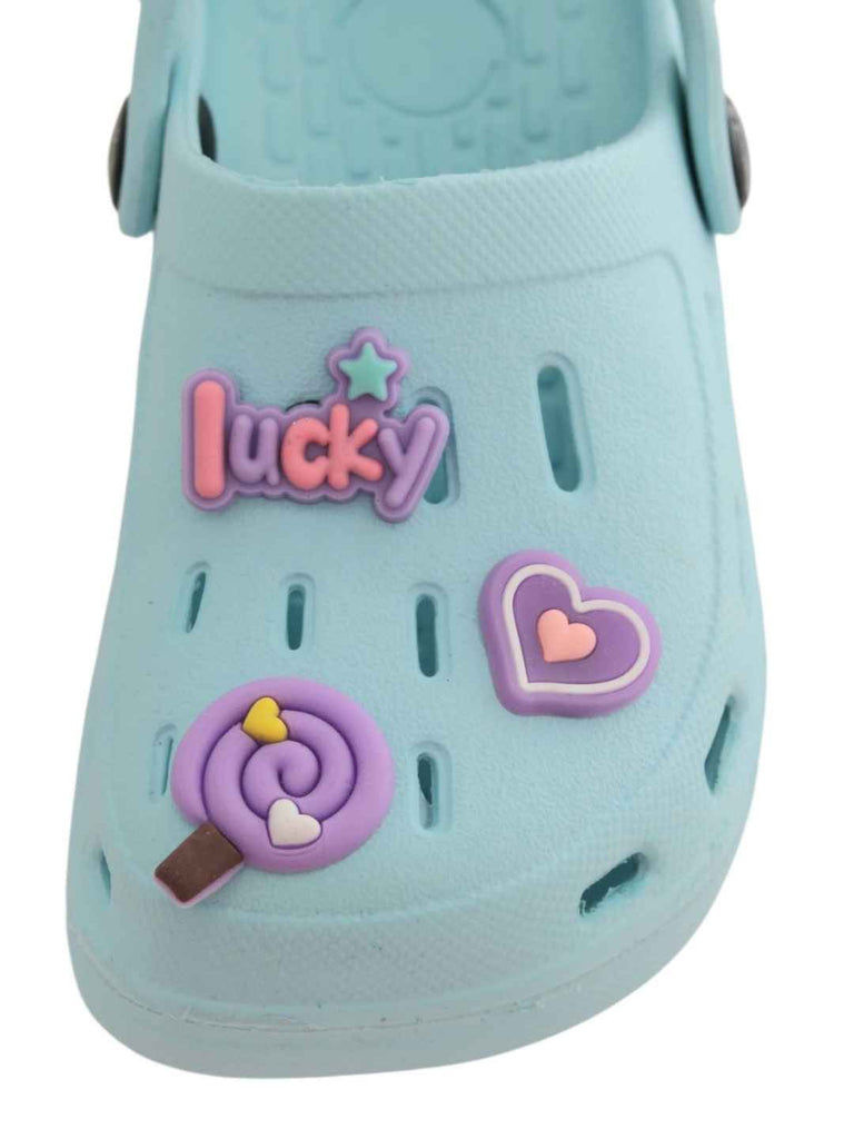 Cheerful Blue Clogs with Candy, Lucky & Heart Charms for Girls-Front View