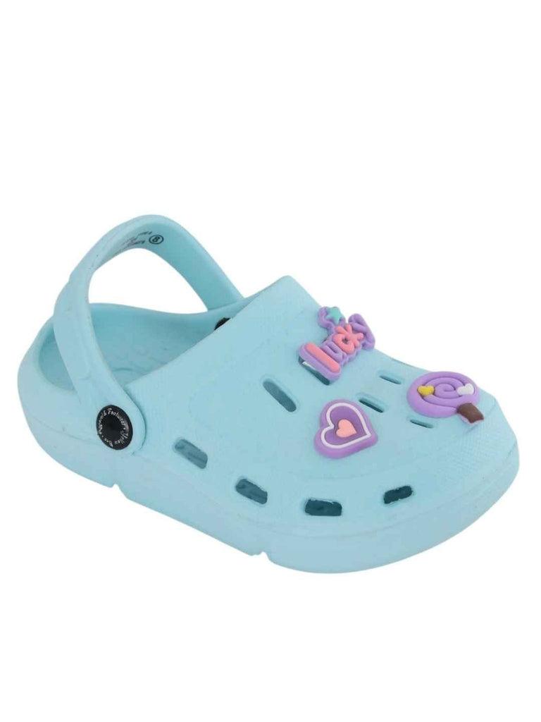 Cheerful Blue Clogs with Candy, Lucky & Heart Charms for Girls-Angle View
