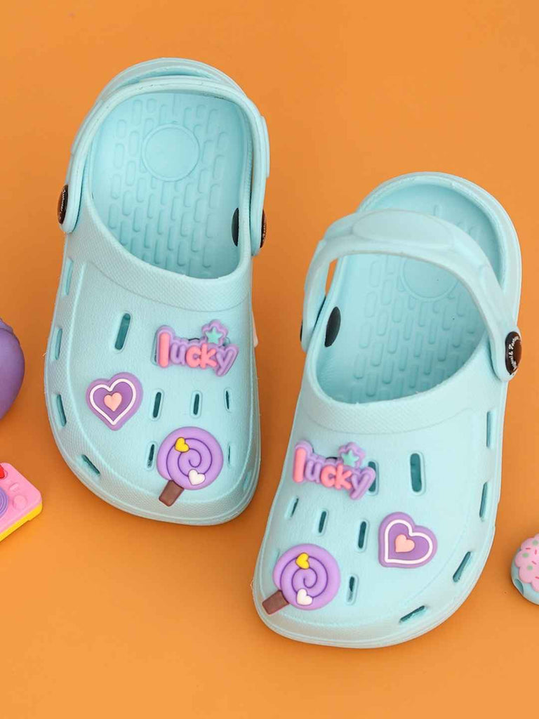 Cheerful Blue Clogs with Candy, Lucky & Heart Charms for Girls-Creative View
