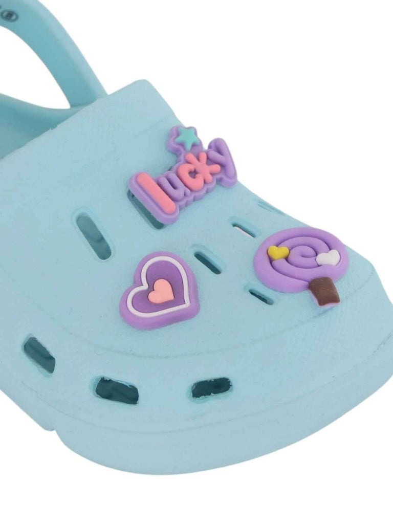 Cheerful Blue Clogs with Candy, Lucky & Heart Charms for Girls-Close up view