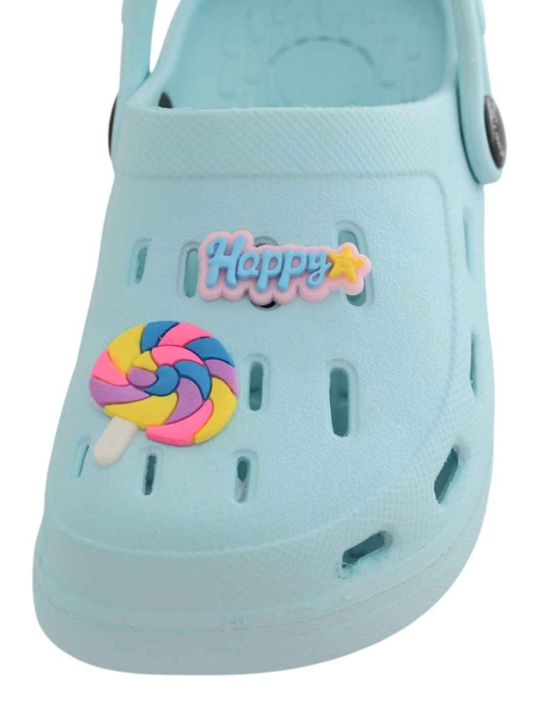 Cheerful Blue Clogs with Color Pop Candy & “Happy” Charms for Girls-Front View