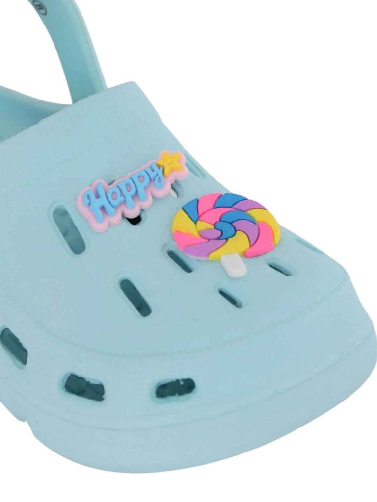 Cheerful Blue Clogs with Color Pop Candy & “Happy” Charms for Girls-Close up view