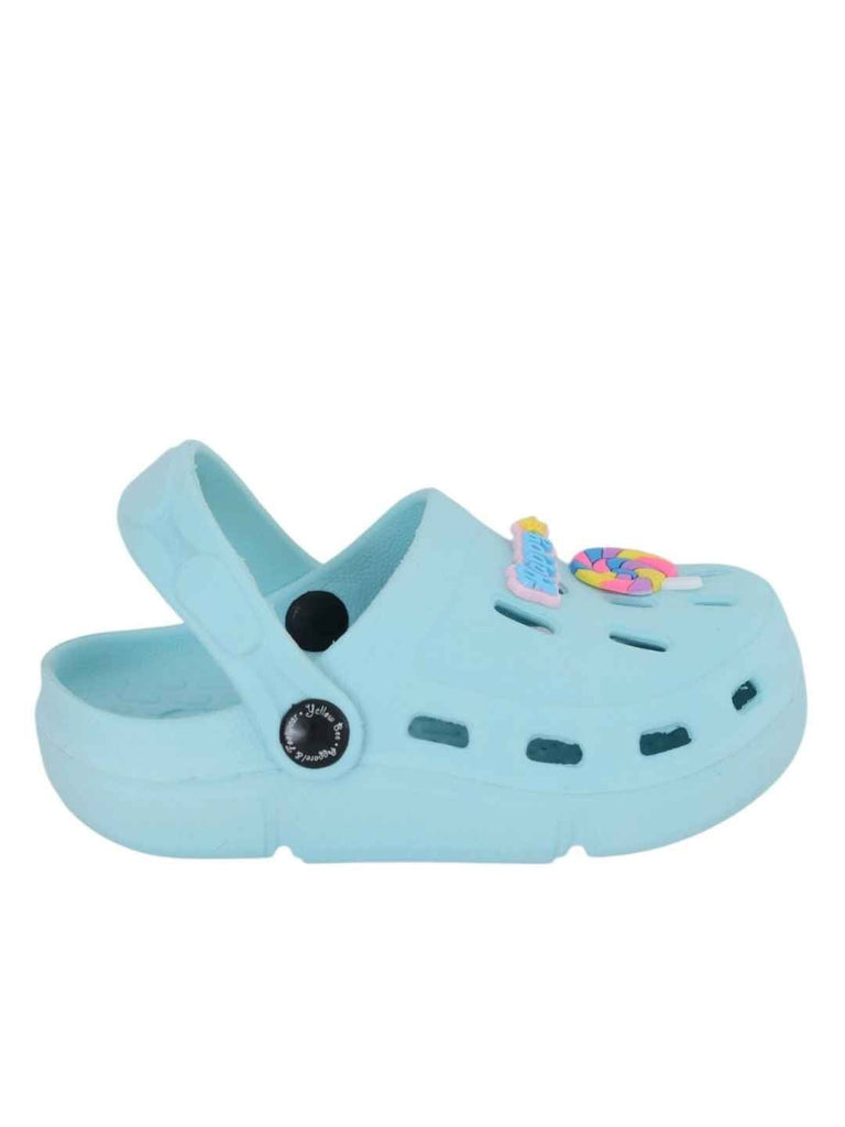 Cheerful Blue Clogs with Color Pop Candy & “Happy” Charms for Girls-Side View