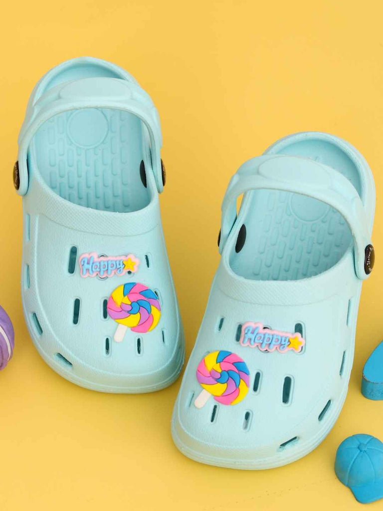 Cheerful Blue Clogs with Color Pop Candy & “Happy” Charms for Girls-Creative View