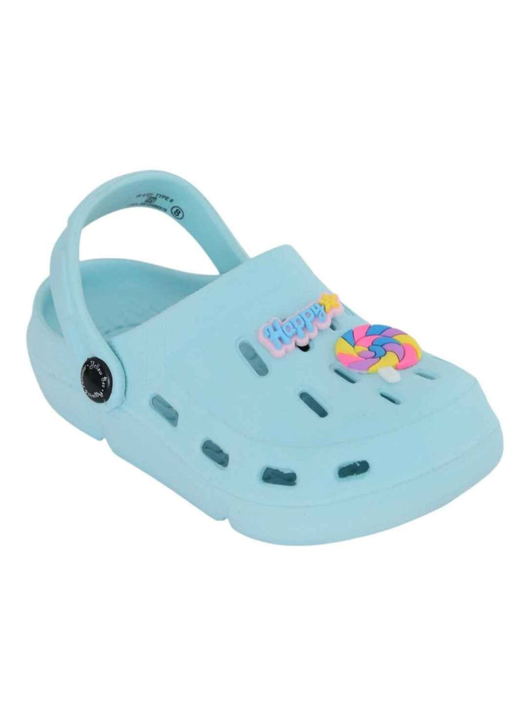 Cheerful Blue Clogs with Color Pop Candy & “Happy” Charms for Girls-Angle View