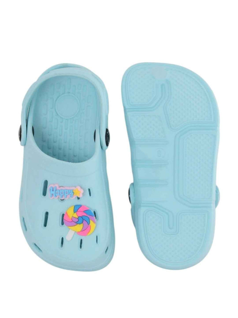 Cheerful Blue Clogs with Color Pop Candy & “Happy” Charms for Girls-Front & Back View