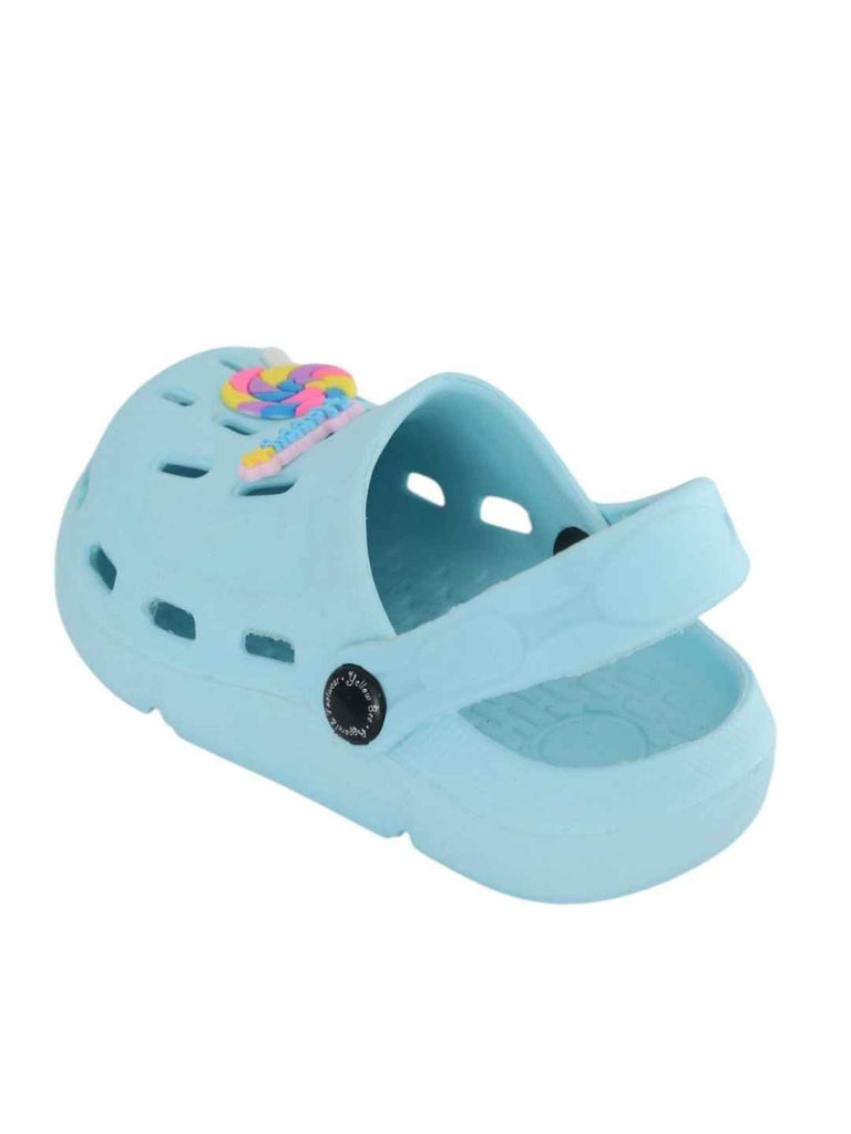 Cheerful Blue Clogs with Color Pop Candy & “Happy” Charms for Girls-Back View