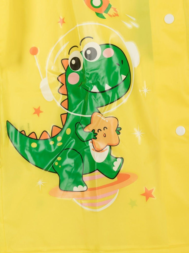 Close-up view of the dinosaur-themed boys' raincoat by Yellow Bee, highlighting the quality material and fun dinosaur graphics.