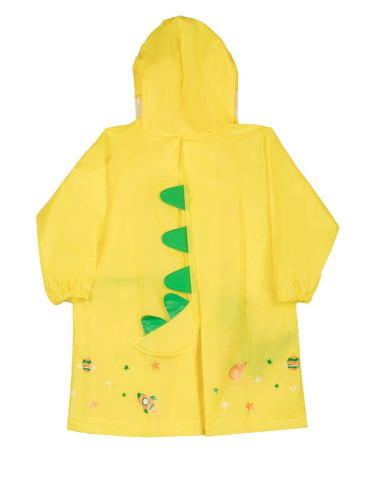 Back view of the cheerful dinosaur-themed waterproof raincoat for boys by Yellow Bee, showcasing the playful design and vibrant yellow color.