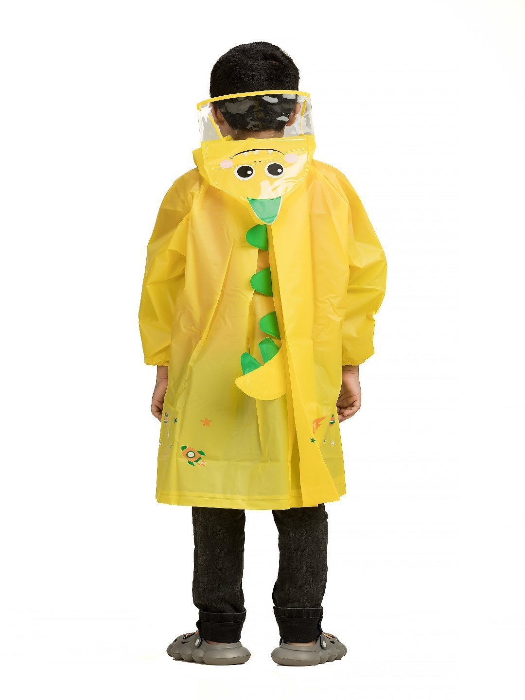 Cheerful Dinosaur-Themed Waterproof Raincoat for Boys in Vibrant Yellow