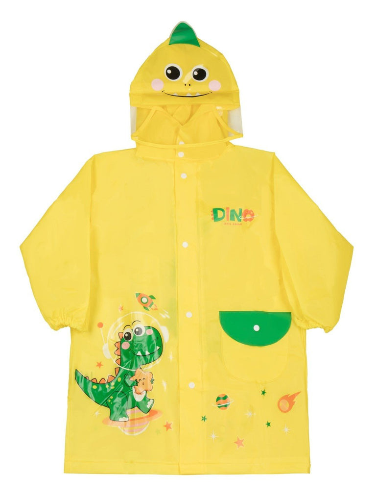 Front view of the Yellow Bee dinosaur-themed waterproof raincoat for boys, featuring a lively dinosaur print.