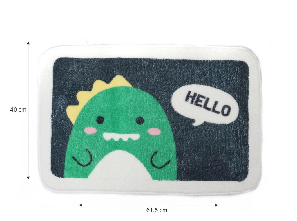 Full view of Yellow Bee Dino Door Mat with dimensions