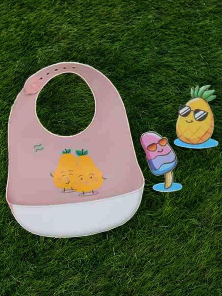 Creative display of the Cheerful Fruit Friends Silicone Baby Bib for Girls.