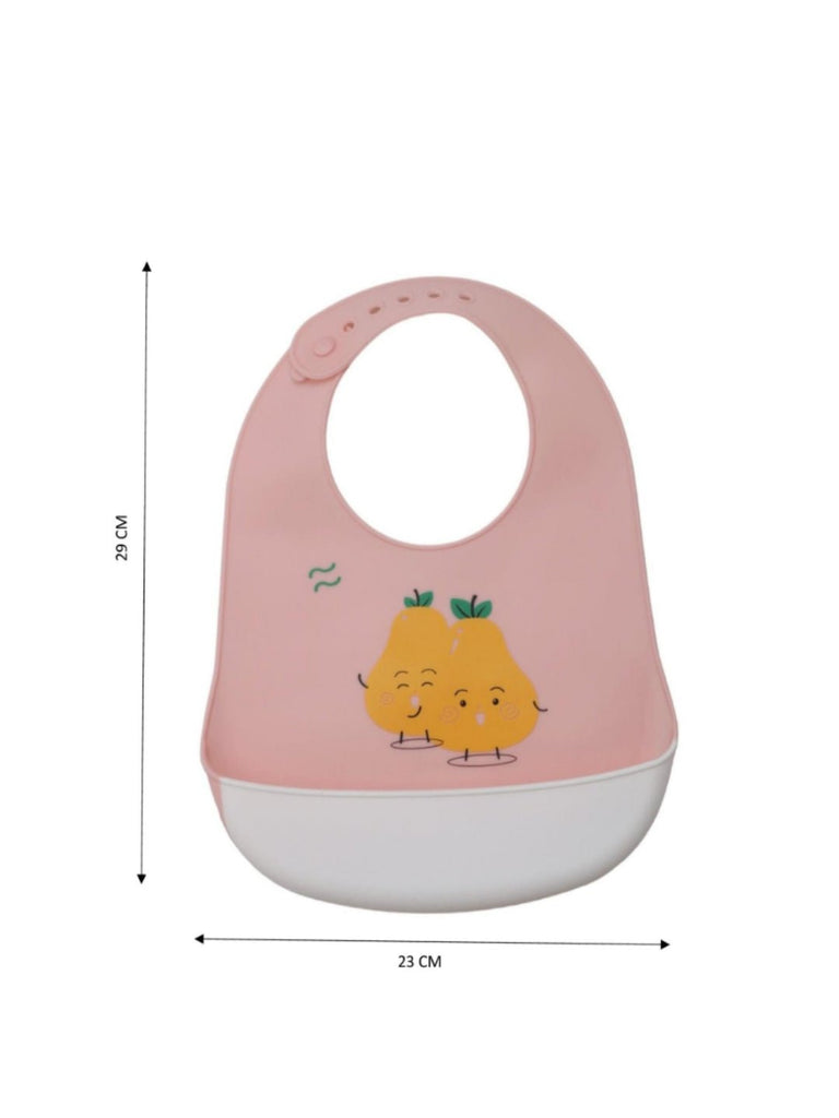 Size dimensions of the Cheerful Fruit Friends Silicone Baby Bib for Girls by Yellow Bee