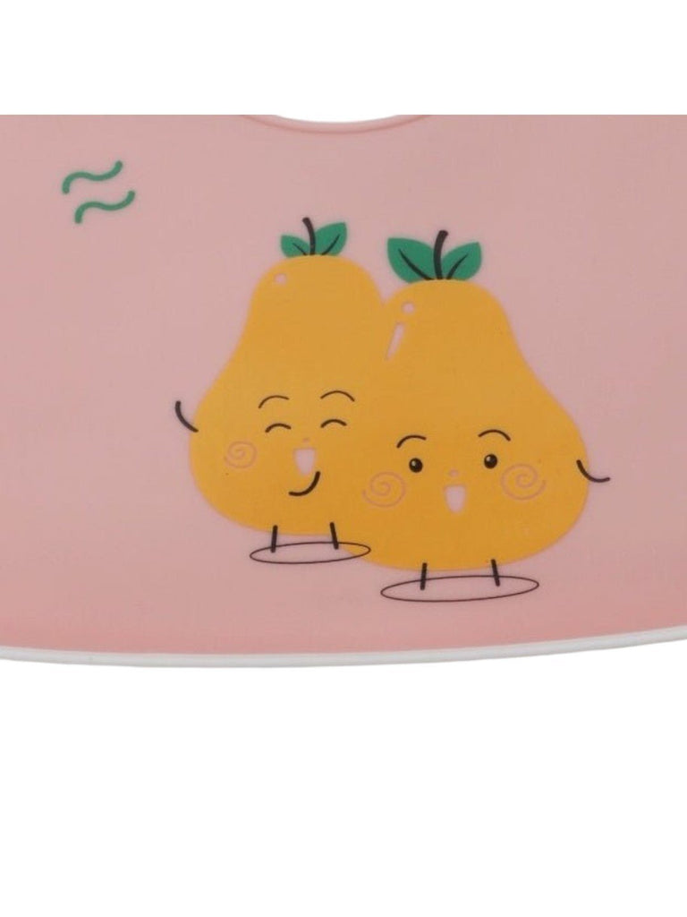 Close-up view showing the cute fruit design on the Cheerful Fruit Friends Silicone Baby Bib