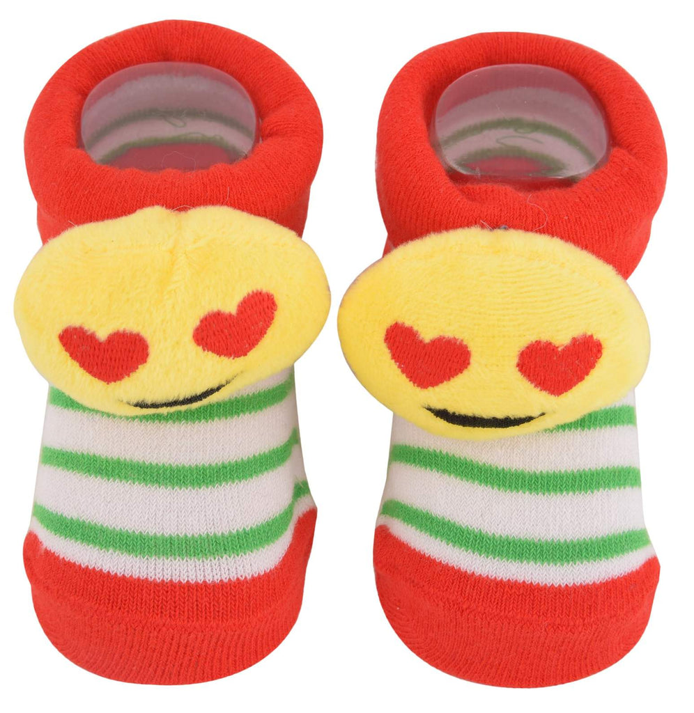 Yellow Bee brand heart-eyes emoji fuzzy socks with striped pattern and logo detail