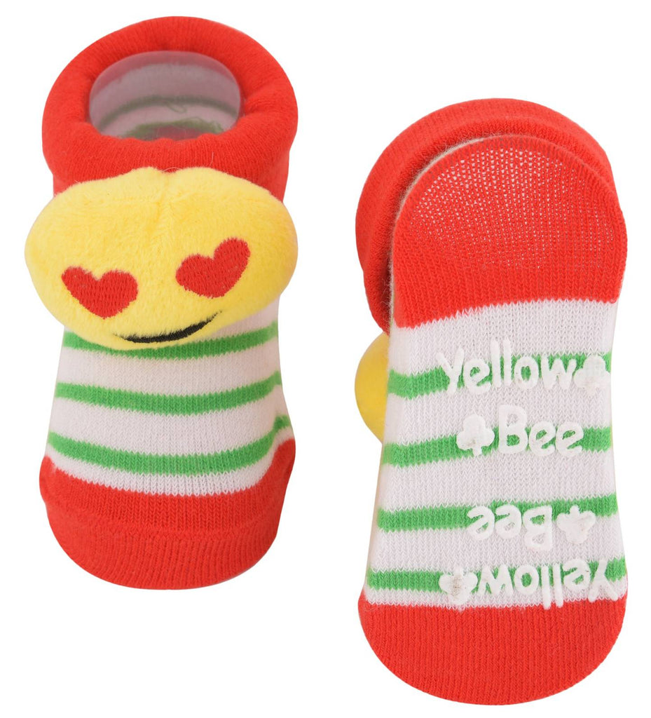 A cozy pair of heart-eyes emoji fuzzy socks with vibrant red and green stripes