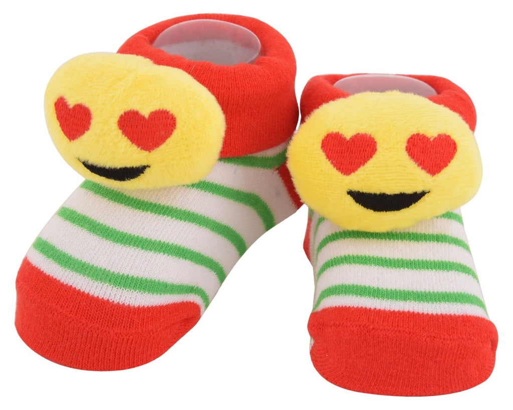 Yellow smiling emoji fuzzy socks with love-struck eyes and cheerful striped design