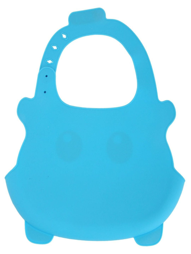 Back view of the Yellow Bee Easy Clean Silicone Bib with Crumb Collector in Blue, featuring a button closure.