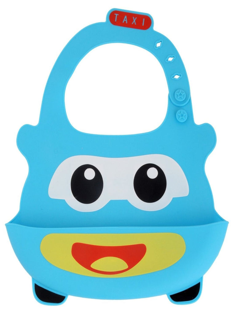 Front view of the Yellow Bee Easy Clean Silicone Bib with Crumb Collector in Blue, showcasing the crumb collector pocket.