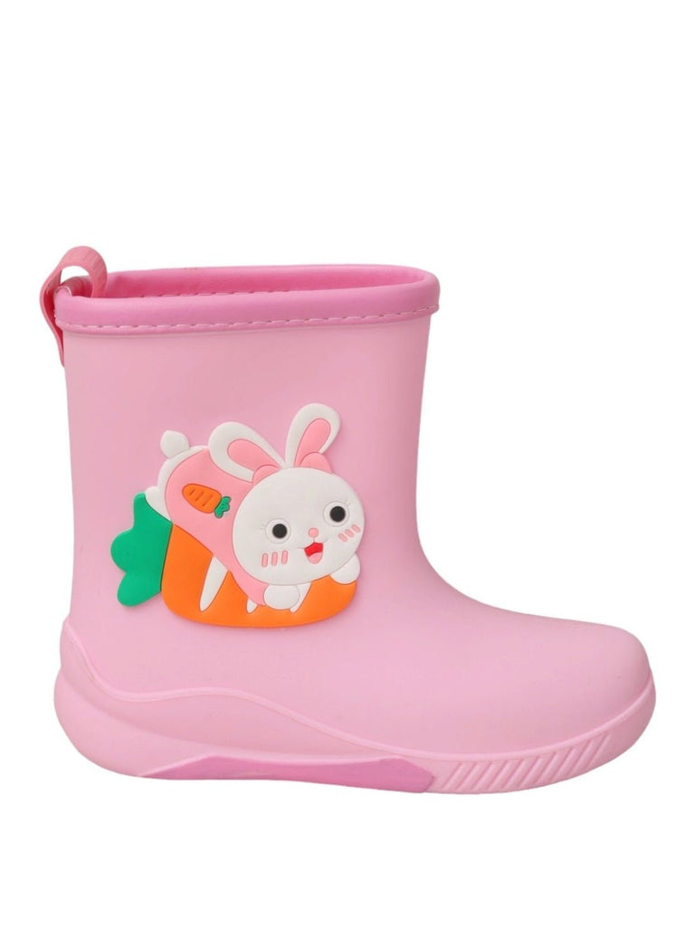 Side view of the Cheerful Pink Bunny Rain Boots showcasing its sleek design.