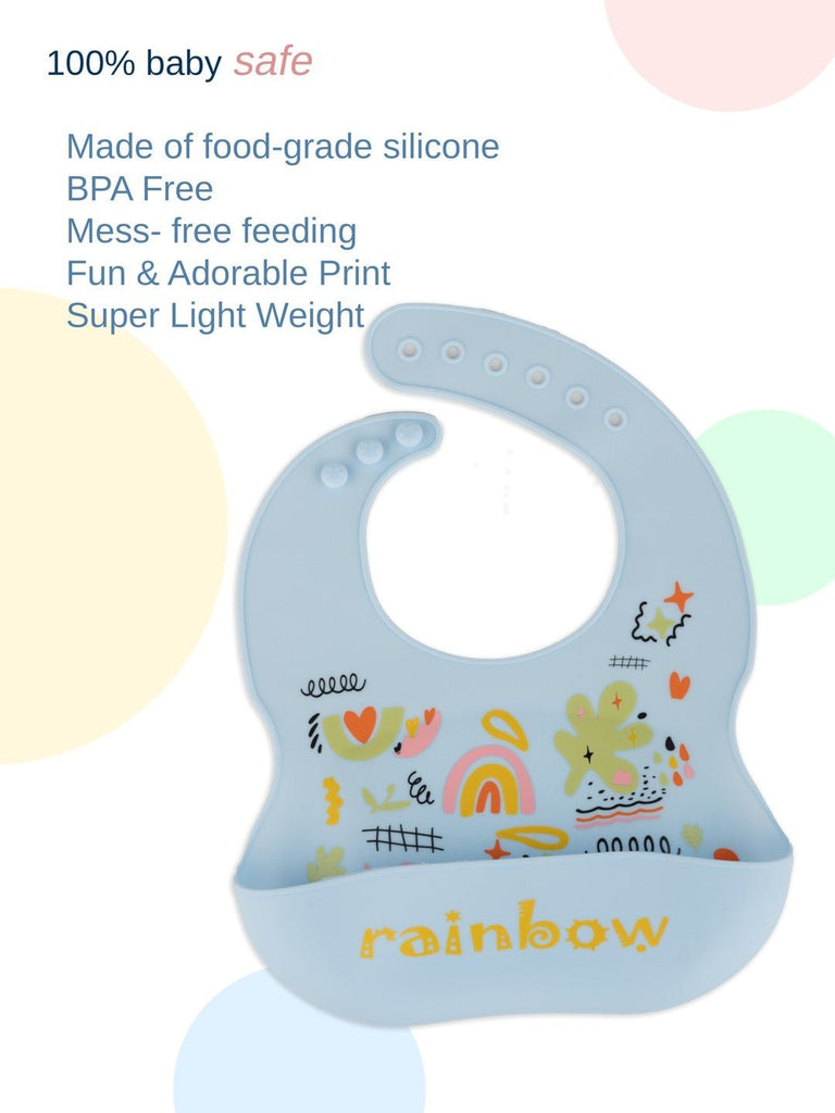 Front view of Cheerful Rainbow Doodle Silicone Baby Bib for Boys by Yellow Bee.