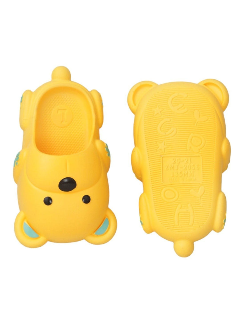 Front and back view of Yellow Bee Cheerful Sunny Bear Slides for Boys showcasing design and tread pattern.