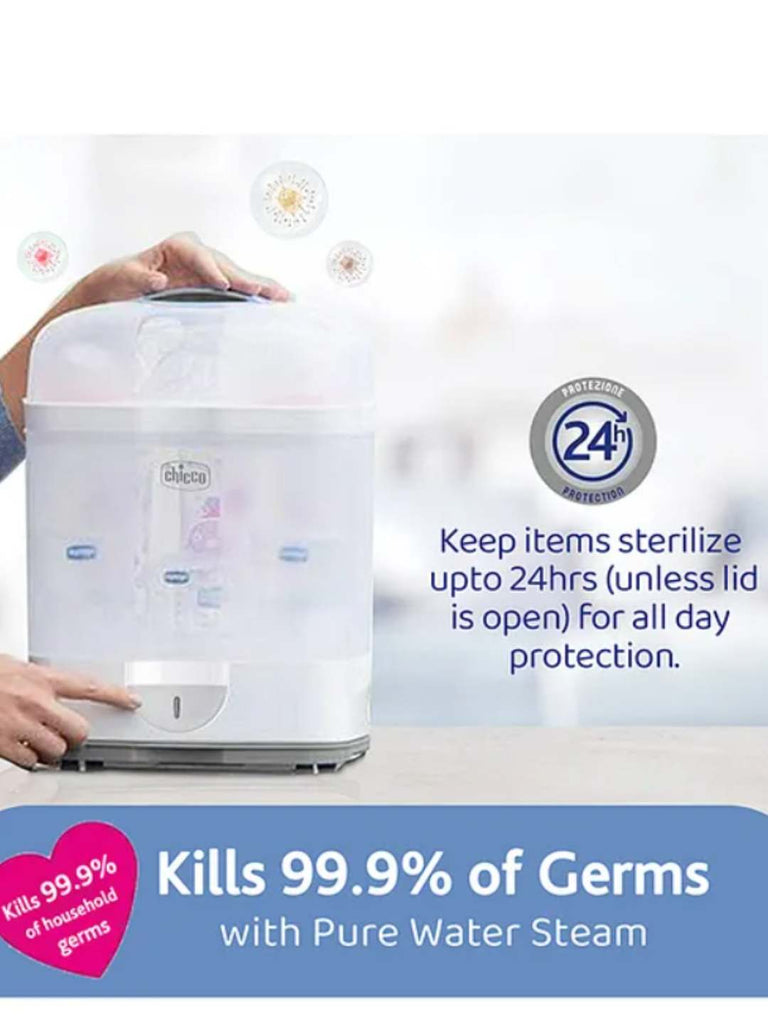 Chicco Baby Feeding Bottle Sterilizer 2 in 1 for 6 Bottles & Accessories - White- Kills 99.9% of Germs